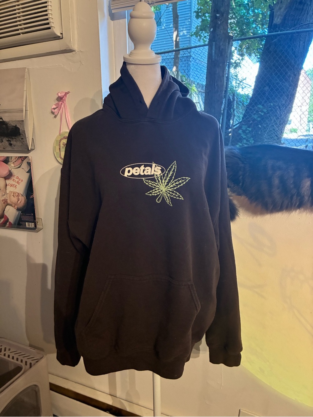 Black Hoodie with Green Leaf Graphic - Women's Pullover Sweatshirt